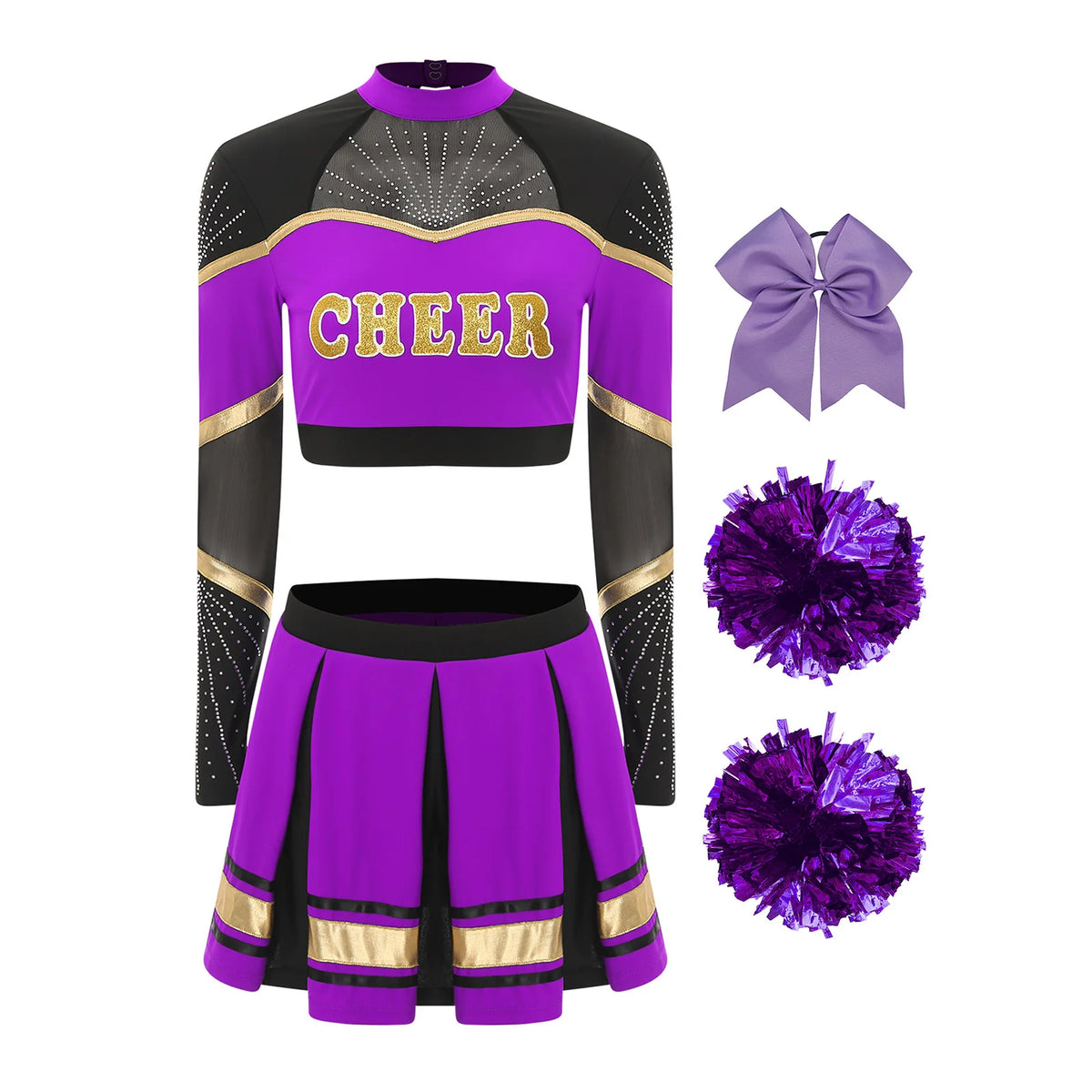 Cosplaykostuum voor cheerleaderoptredens voor vrouwen, crop-top met lange mouwen en geplooide rok met pompons 2026