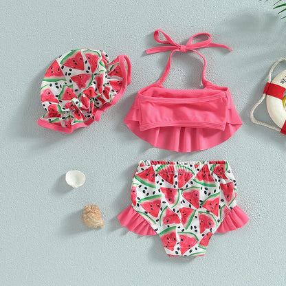 Costume bikini morbido per ragazze - top corto con volant e collo allacciato, stampa squame di sirena, pantaloncini, poliestere, per vacanze estive