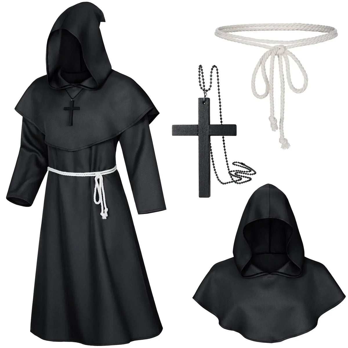 Middeleeuwse monnikenmantel met kap, tovenaarstovenaar-riddercape, Halloween-cosplaykostuum voor volwassenen 2026