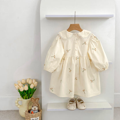 Soft, classic girls' dress - Peter Pan collar, cotton, floral embroidery, mid-calf length for spring