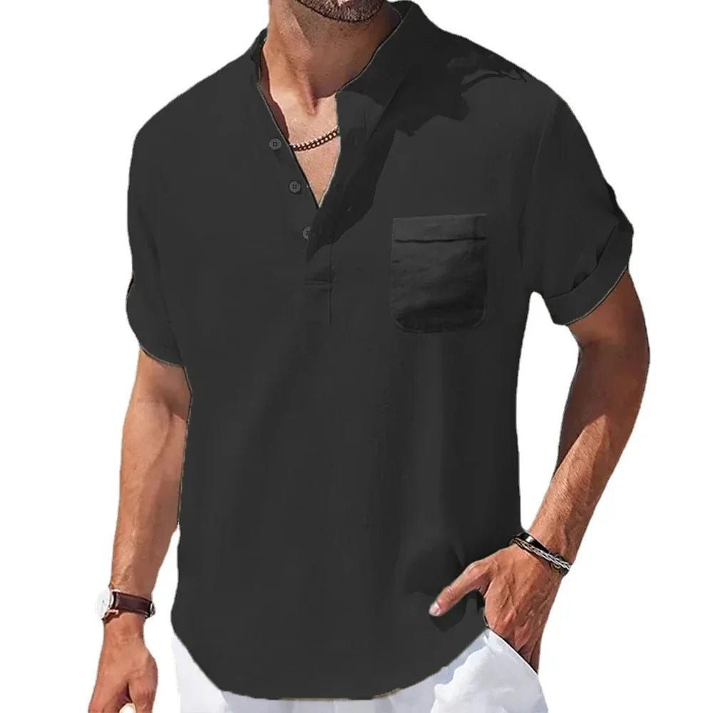 Variant image for Men's Summer Shirt, Breathable Cotton and Linen Blend with Henry Collar, Lightweight and Casual Fit-31