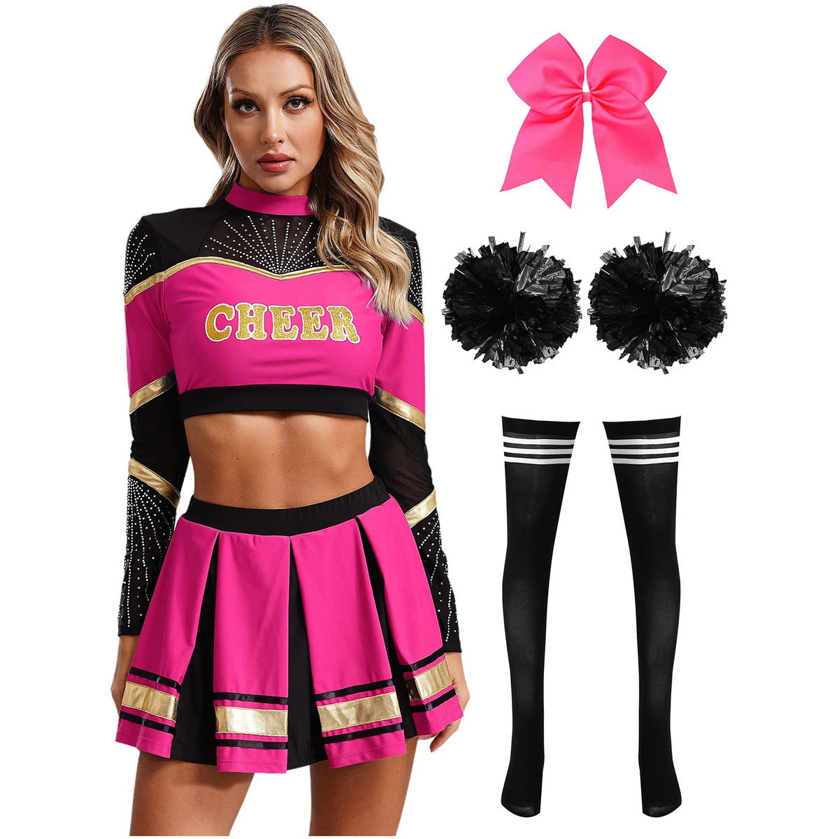 Cosplaykostuum voor cheerleaderoptredens voor vrouwen, crop-top met lange mouwen en geplooide rok met pompons 2026