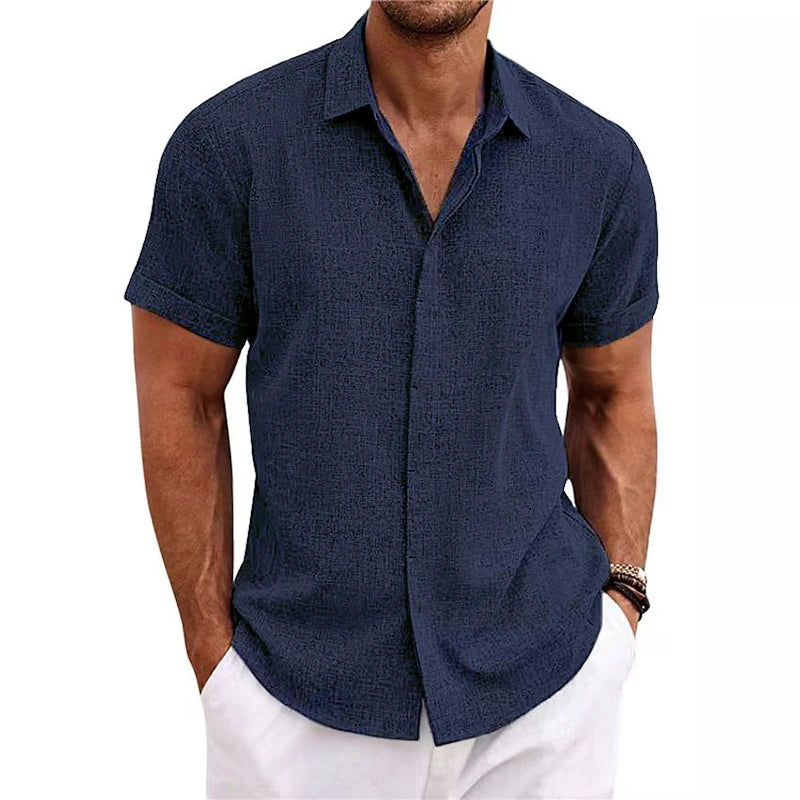 Fashionable Polo Collar Solid Color Shirt - Short Sleeve V-Neck Casual Cotton Linen Top