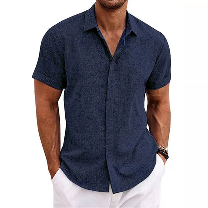 Fashionable Polo Collar Solid Color Shirt - Short Sleeve V-Neck Casual Cotton Linen Top