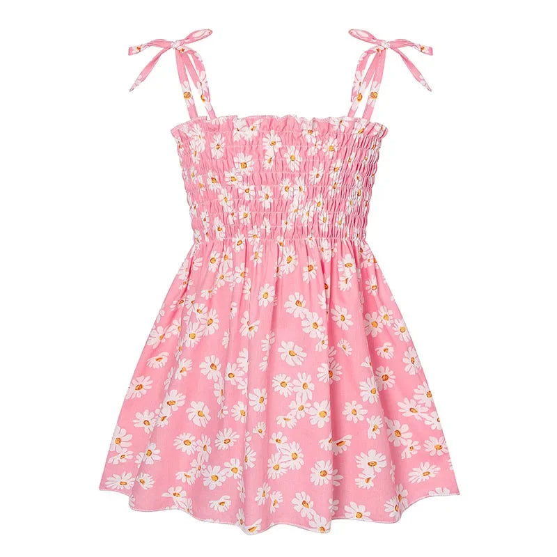 Soft girls' floral sundress - smocked bodice, polyester, for casual beach party