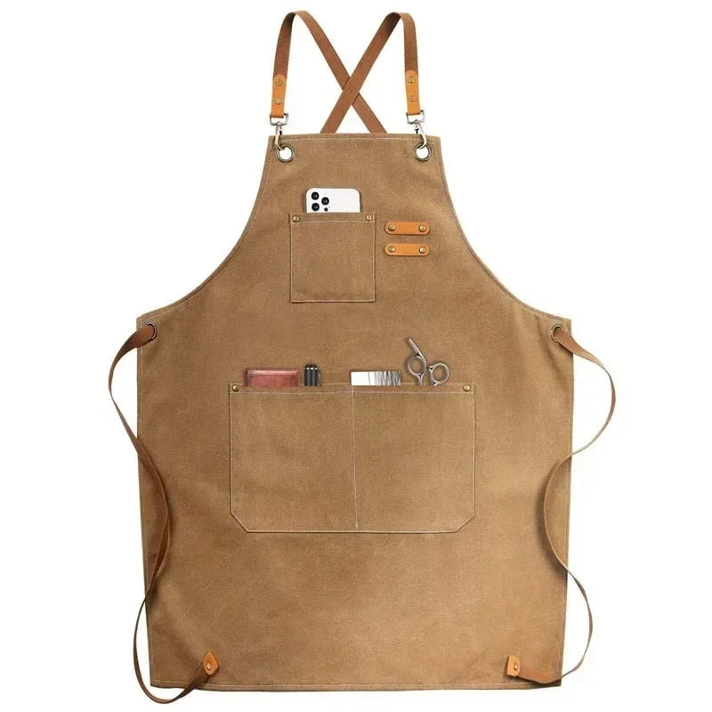 Canvas Apron Oil Proof Wipeable Kitchen Workshop Apron With Tool Pockets Adjustable Leather Straps Fall 2025 Gift