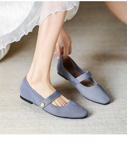 Stretchy Women Mary Jane Flats - Ribbed Knit For Spring