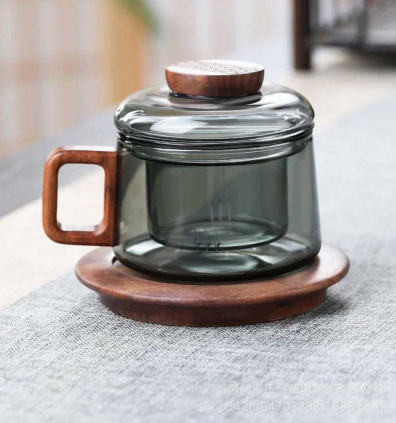 200ml Tea Infuser Cup Heat Resistant Glass Mug Wood Handle