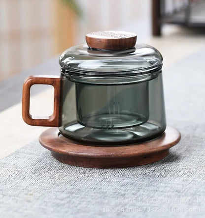 200ml Tea Infuser Cup Heat Resistant Glass Mug Wood Handle