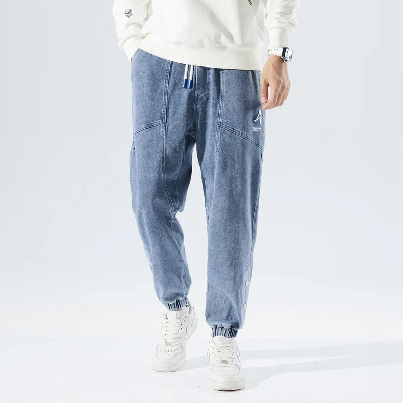 Strækbare afslappede herre denim joggers - løstsiddende tilspidsede, denim