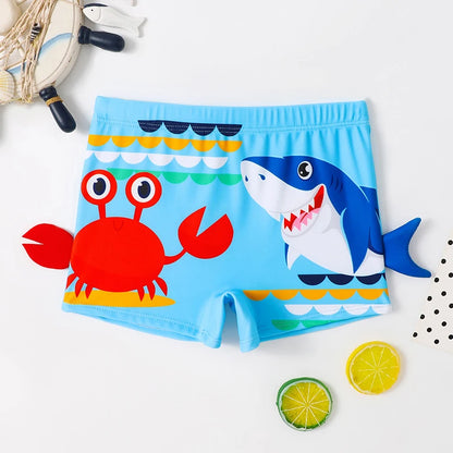 Quick-dry boys' swim shorts - cartoon crab and shark print 2pc set, polyester, for swimming and beach days