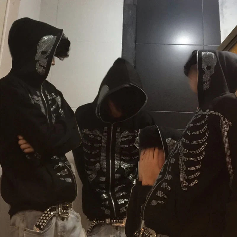 Overdimensjonert herre hettejakke med glidelås - Rhinestone skjelett, bomull