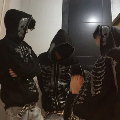 Overdimensjonert herre hettejakke med glidelås - Rhinestone skjelett, bomull