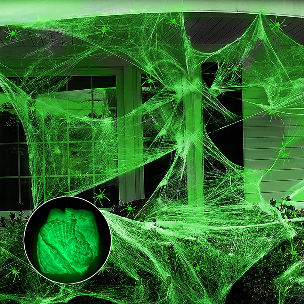 Halloween-fluorescerende spinnenwebben en -raggen die oplichten in het donker, griezelige buitendecoratie 2026