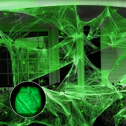 Halloween-fluorescerende spinnenwebben en -raggen die oplichten in het donker, griezelige buitendecoratie 2026