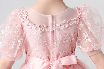 Soft Girls' Dress - Flowy Princess-Cut Lace-Embroidery, Polyester, Wedding Party