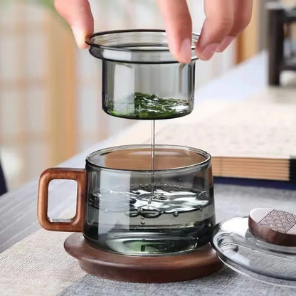 200ml Tea Infuser Cup Heat Resistant Glass Mug Wood Handle