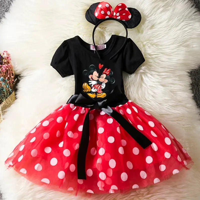 Leichtes Mädchenkleid mit Minnie-Maus-Motiv – knielanger Tupfen-Tutu, Baumwoll-Polyester-Voile, Geburtstagsfeier