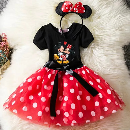 Leichtes Mädchenkleid mit Minnie-Maus-Motiv – knielanger Tupfen-Tutu, Baumwoll-Polyester-Voile, Geburtstagsfeier