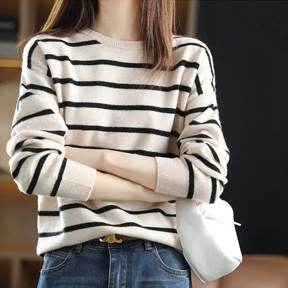 Lightweight Classic Womens Knit Sweater - Crewneck, Striped