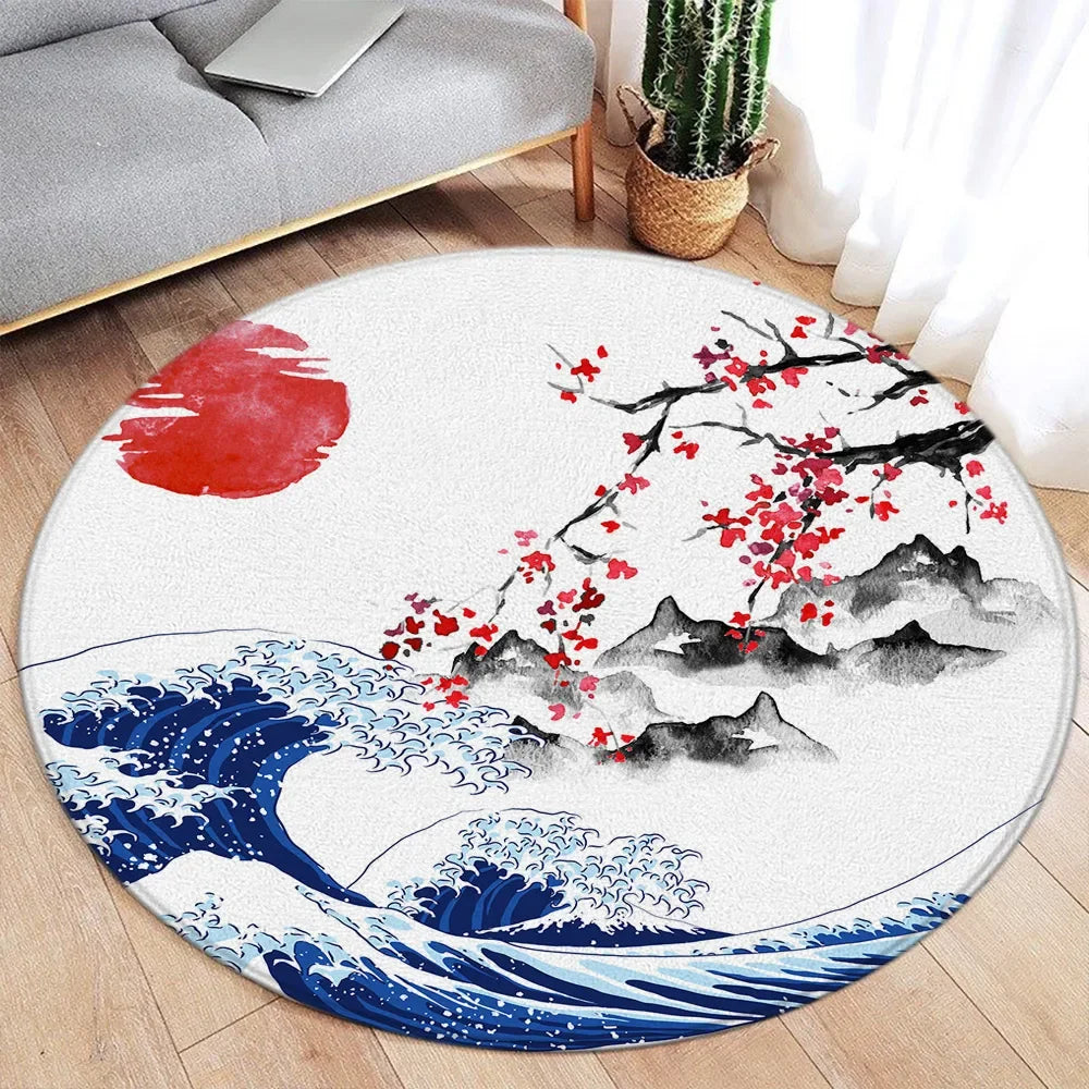 Koi Fish Round Rug Japanese Water Ink Floor Decor Serene