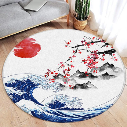 Koi Fish Round Rug Japanese Water Ink Floor Decor Serene