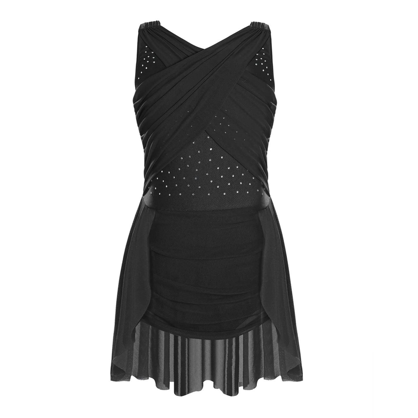 Lightweight Girls' Leotard - Rhinestone Embellished, Mesh Skirt, Polyester/Nylon/Elastane, For Ballet, Gymnastics