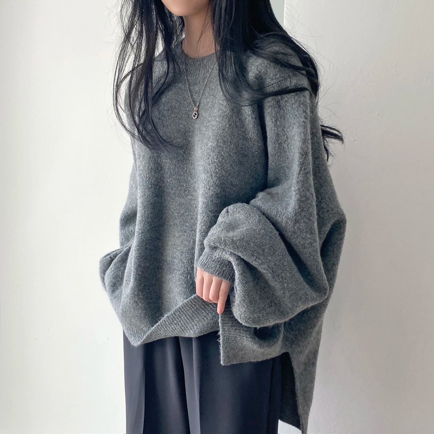 Oversized Cozy Women's Pullover - O Neck, Knit, Office Wear