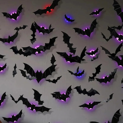 3D-paarse en groene LED-nachtlamp als Halloween-vleermuis en -spin, zelfklevende muurstickers voor huis en feestdecoratie 2026