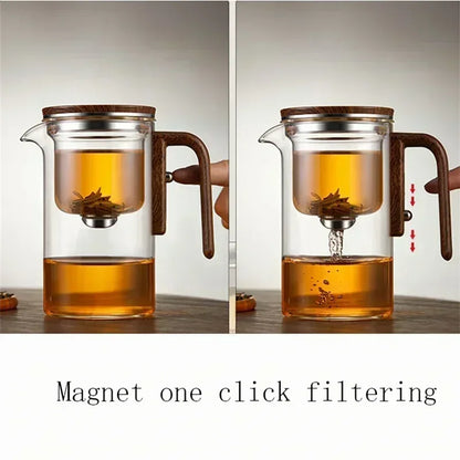 Teiera con Contenitore Interno per Separazione dell'Acqua - Filtrazione in Vetro, Interruttore Magnetico a Un Click, Manico in Legno, 520ml