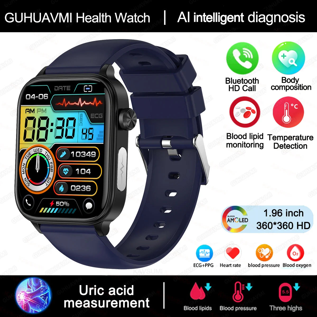 Orologio intelligente con monitoraggio della salute, diagnostica AI, lipidi nel sangue, acido urico, composizione corporea, tendenza autunno 2025, regalo