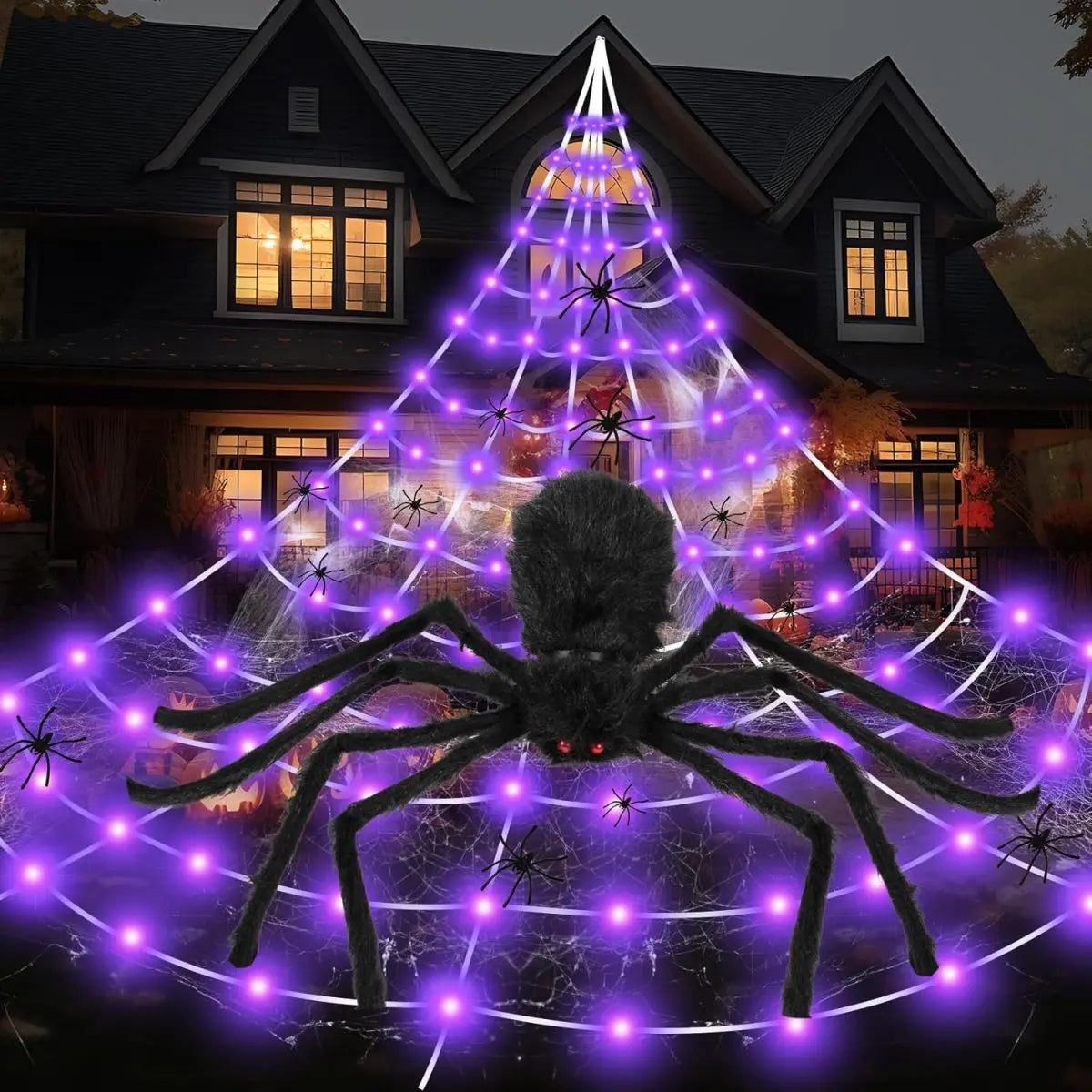 Halloween-spinnenweb met LED-verlichting en realistische enorme spin voor buiten, huis- en tuindecoratie 2026