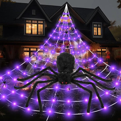 Halloween-spinnenweb met LED-verlichting en realistische enorme spin voor buiten, huis- en tuindecoratie 2026