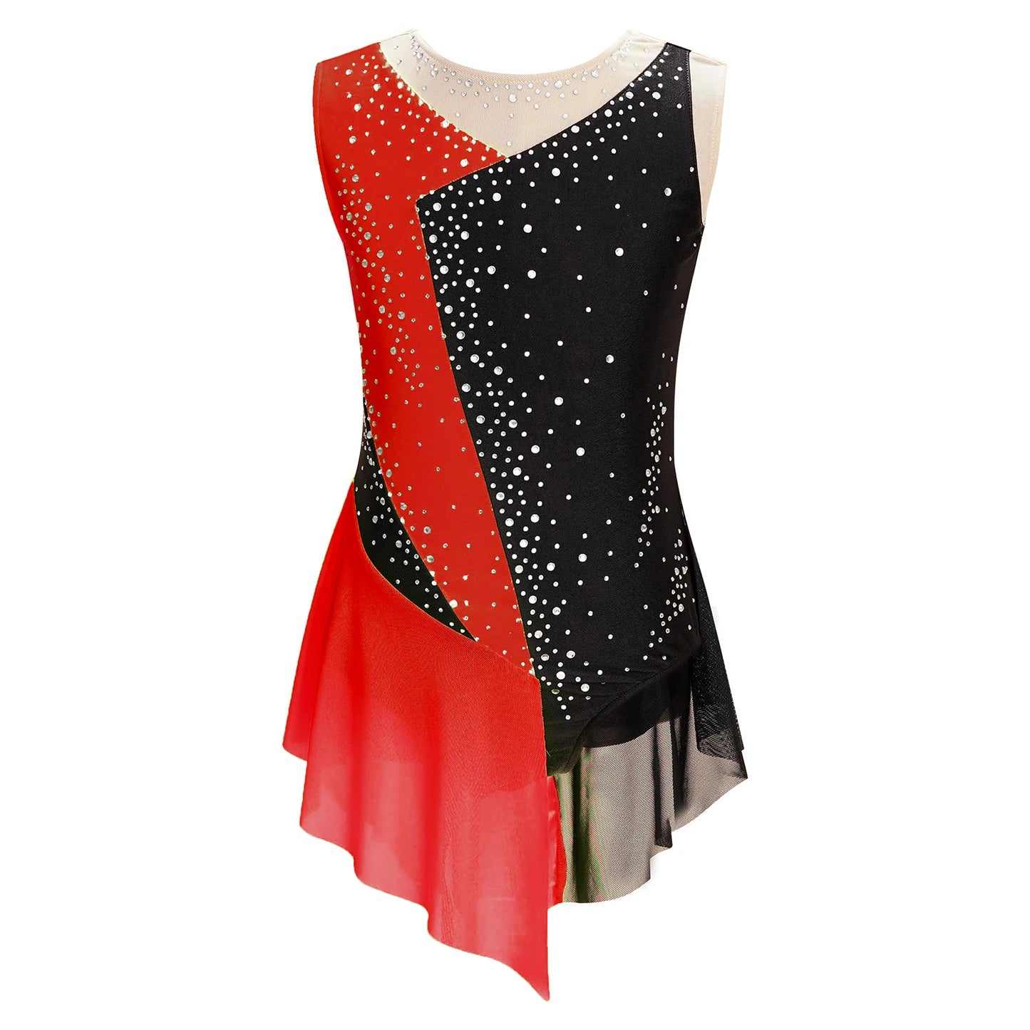 Stretchy Flattering Girls' Dance Leotard - Sleeveless Rhinestone Mesh Top, Polyester, Nylon, Elastane, For Competition