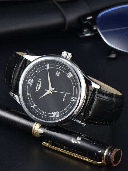 Automatic Watch Leather Strap Mechanical Date Waterproof