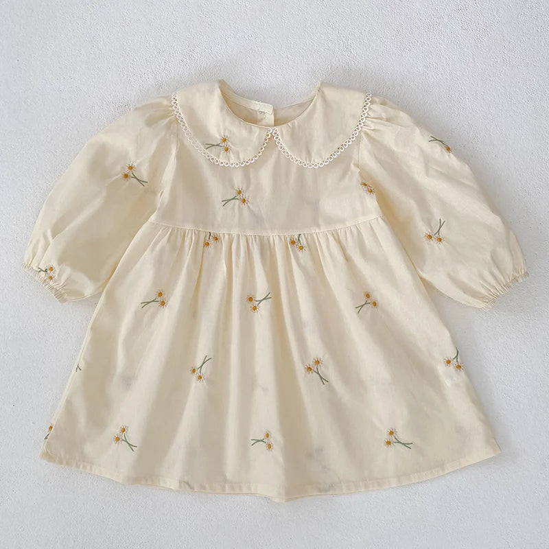 Soft, classic girls' dress - Peter Pan collar, cotton, floral embroidery, mid-calf length for spring