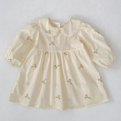 Soft, classic girls' dress - Peter Pan collar, cotton, floral embroidery, mid-calf length for spring