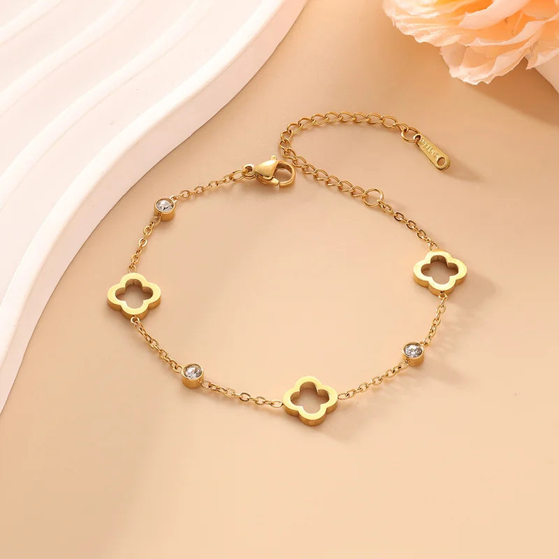 Set de pulseras de acero inoxidable con flor de trébol, regalo dorado