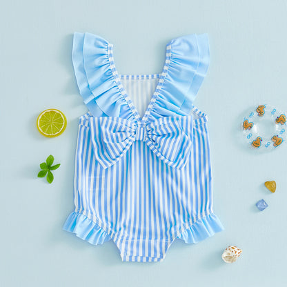 Breathable Baby Girls Swim Romper - Striped Print, Flutter Sleeves, Polyester-Elastane Blend, For Pool and Beach
