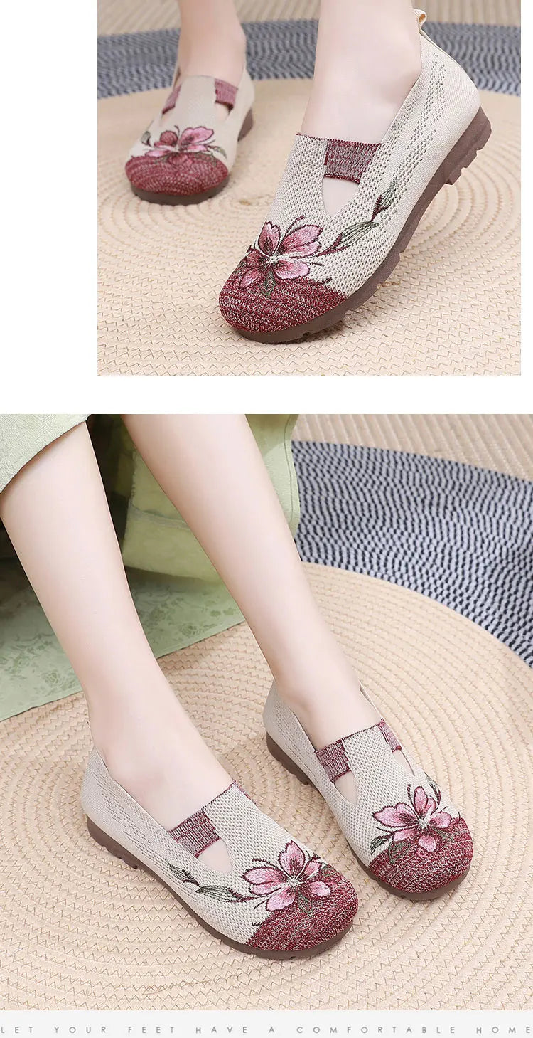 Breathable Women’s Flats - Slip-On Mesh, Embroidered