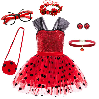 Let pigers Mariehøne cosplay kostume - paliettop med knælængde tylskørt, polyester, til Halloween