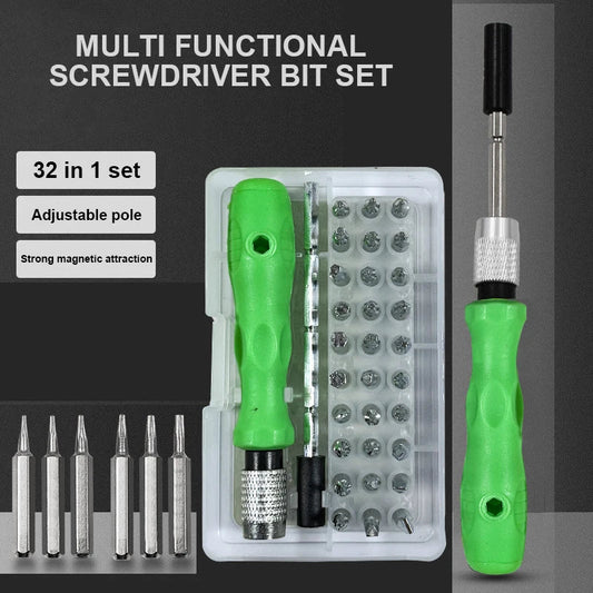 Set di cacciaviti di precisione 32 in 1 con punte magnetiche Kit di attrezzi per riparazioni per telefoni e tablet Manico verde Back To School 2025