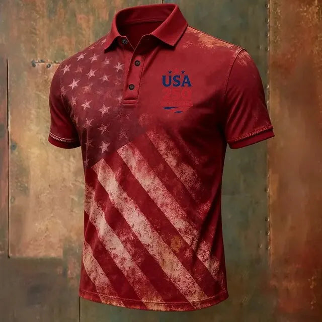 Lightweight men's polo shirt - graphic flag print, cotton, casual summer wear for outdoor events