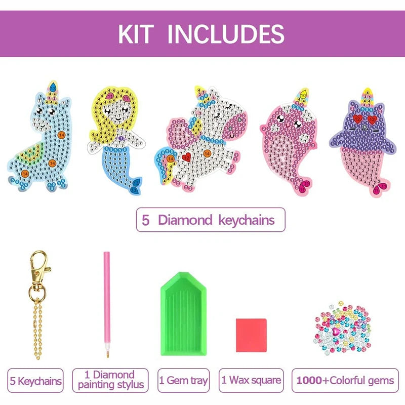 5D Diamond Painting Kit - DIY Unicorn & Mermaid Keychains for Kids, Perfect Arts & Crafts Gift for Ages 8-12, Easter Basket Stuffers