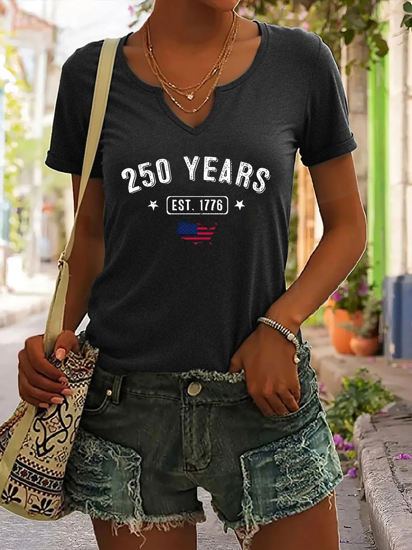 Breathable women's t-shirt – V-neck, short sleeve, patriotic EST.1776 USA print, casual top
