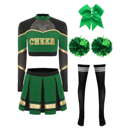 Cosplaykostuum voor cheerleaderoptredens voor vrouwen, crop-top met lange mouwen en geplooide rok met pompons 2026