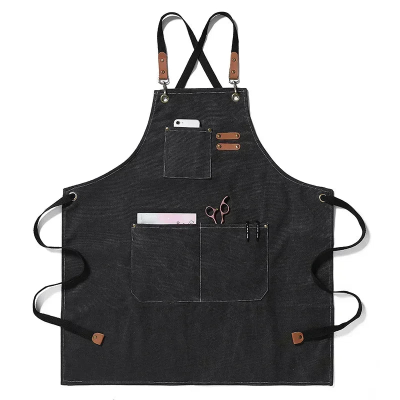Grembiule da chef in tela con spallacci incrociati, grembiule da lavoro con rifiniture in pelle e tasche Autunno 2025 resistente per barbecue e officina