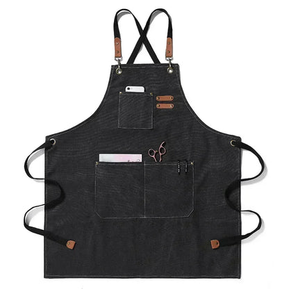 Grembiule da chef in tela con spallacci incrociati, grembiule da lavoro con rifiniture in pelle e tasche Autunno 2025 resistente per barbecue e officina