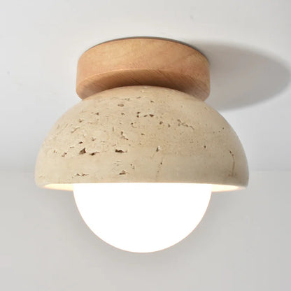 Japandi Travertine Ceiling Light Wood Cap Round Mid Century Lamp