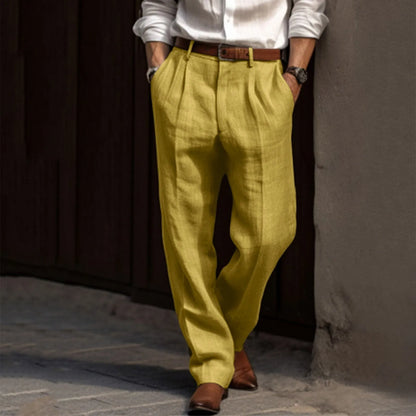 Cotton Linen Pleated Pants For Men - Solid Color Straight Leg Office Trousers